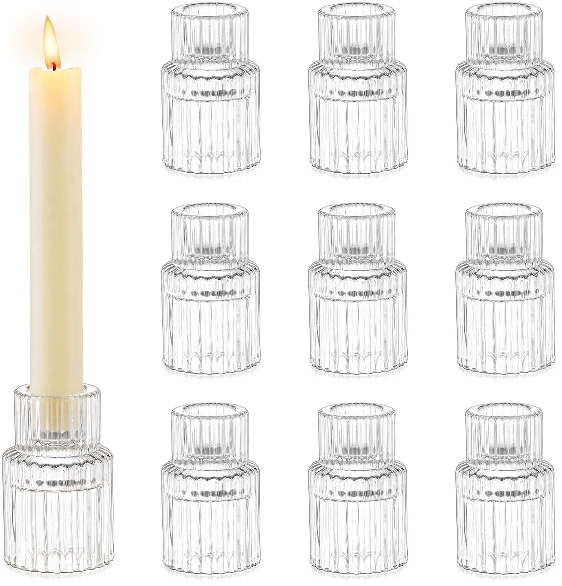 Famanu Glazen kandelaar set van 10 stuks, kaarsenstandaard voor kleine staafkaarsen, ideaal voor bruiloften en tafeldecoratie, vintage stijl voor eettafel en feest Transparant