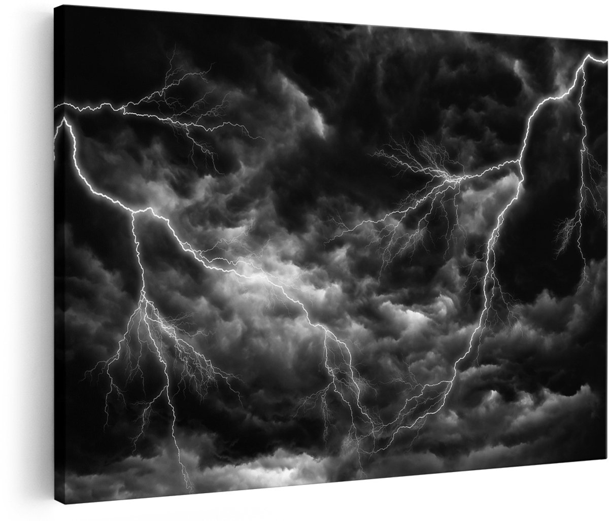 Artaza Canvas Schilderij Donkere Wolken met Bliksem - Zwart Wit - 150x100 cm - Groot - Foto Op Canvas - Wanddecoratie Woonkamer