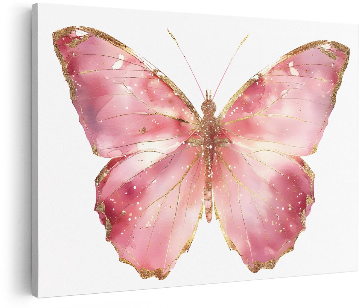 Artaza Canvas Schilderij Vlinder - 150x100 cm - Groot - Wanddecoratie Meisjeskamer - Muurdecoratie Goud - Decoratie Vlinders - Roze