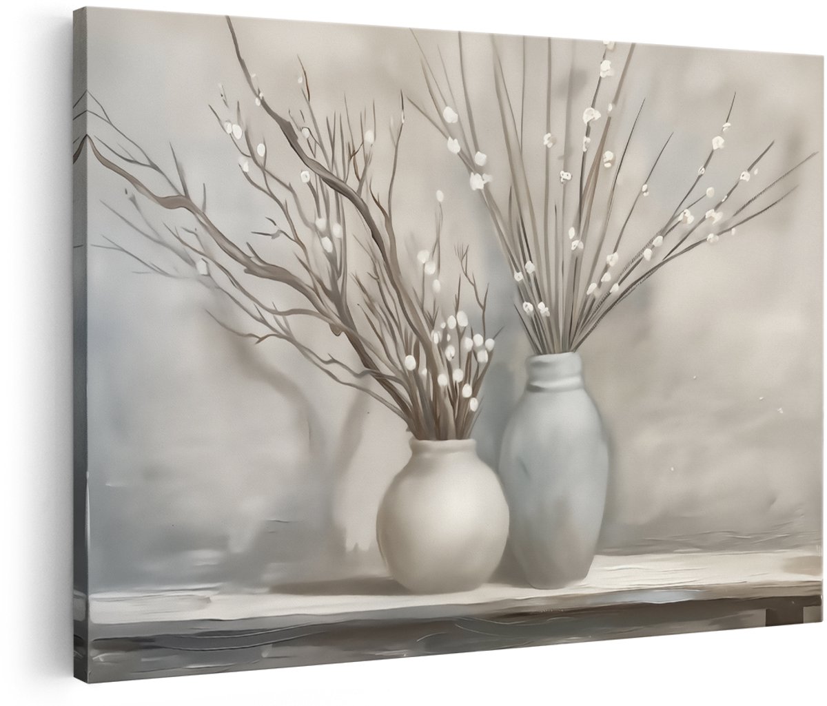 Artaza Canvas Schilderij Twee Vazen met Takken - 150x100 cm - Groot - Wanddecoratie Woonkamer - Schilderijen - Muurdecoratie