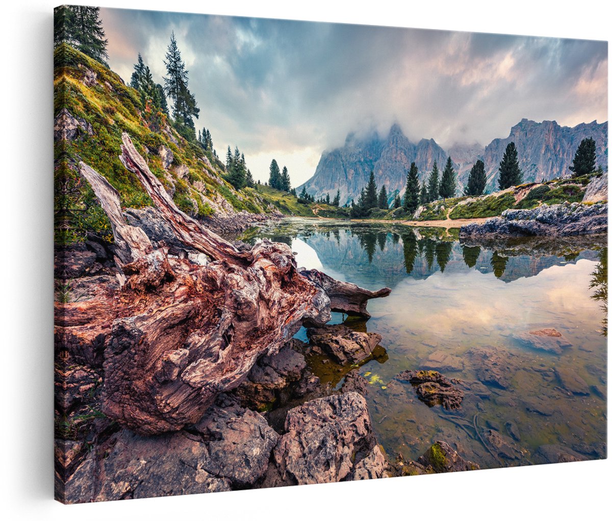 Artaza Canvas Schilderij Meer Met Rotsen In De Alpen Bergen - 150x100 cm - Groot - Wanddecoratie Woonkamer - Schilderijen - Muurdecoratie