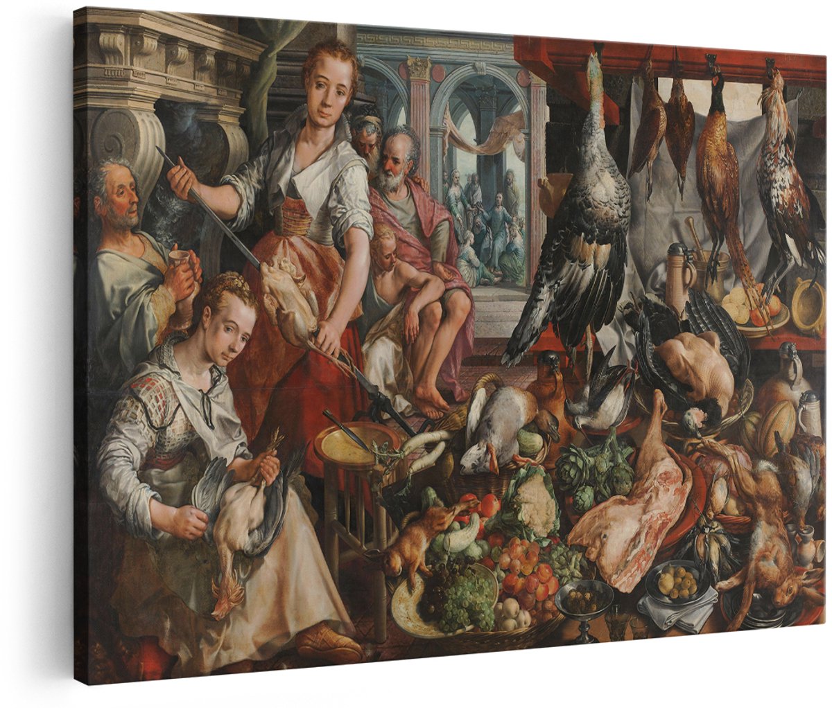 Artaza Canvas Schilderij De Welvoorziene Keuken - Joachim Bueckelaer - 150x100 cm - Groot - Kunst - Wanddecoratie Woonkamer
