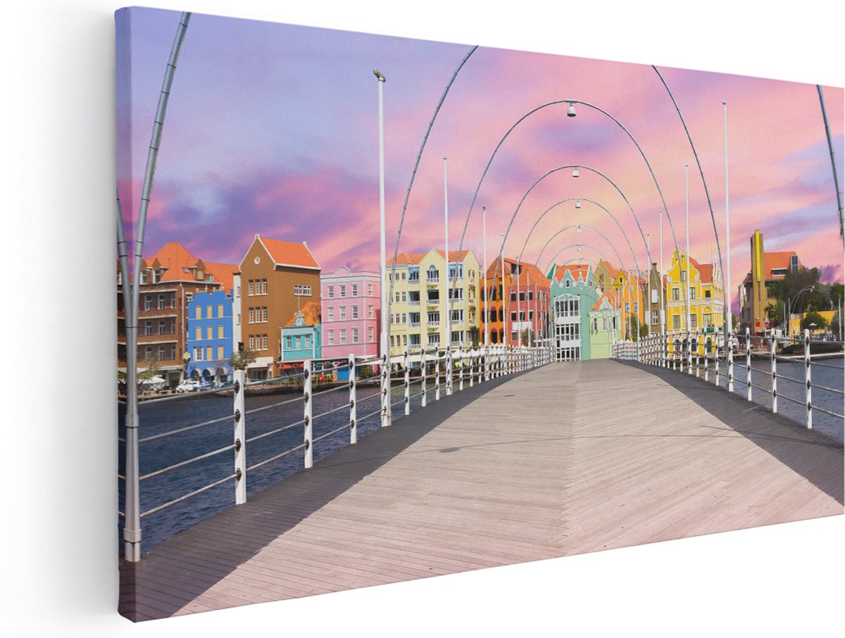 Artaza Canvas Schilderij Willemstad Gekleurde Huisjes in Curaçao - 140x70 cm - Groot - Wanddecoratie Woonkamer - Schilderijen - Muurdecoratie