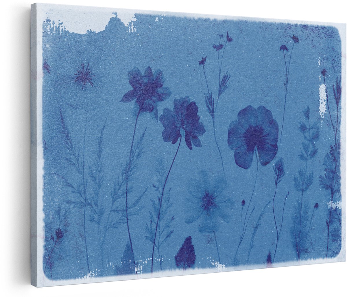 Artaza Canvas Schilderij Bloemen - 150x100 cm - Groot - Wanddecoratie Vintage - Muurdecoratie Botanisch - Decoratie Woonkamer - Blauw