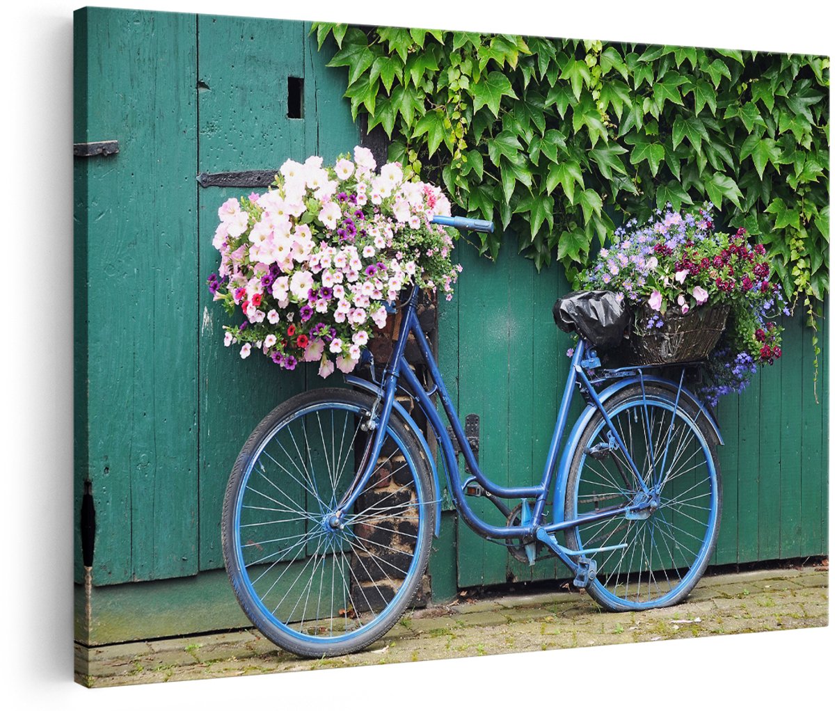 Artaza Canvas Schilderij Fiets met Bloemen - 180x120 cm - Groot - Foto Op Canvas - Wanddecoratie Woonkamer