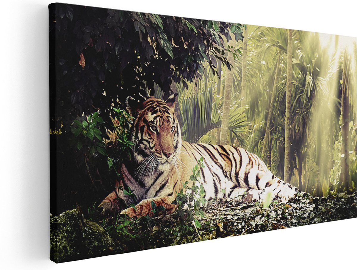 Artaza Canvas Schilderij Tijger In De Jungle Met Zonneschijn - 180x90 cm - Groot - Wanddecoratie Woonkamer - Schilderijen - Muurdecoratie
