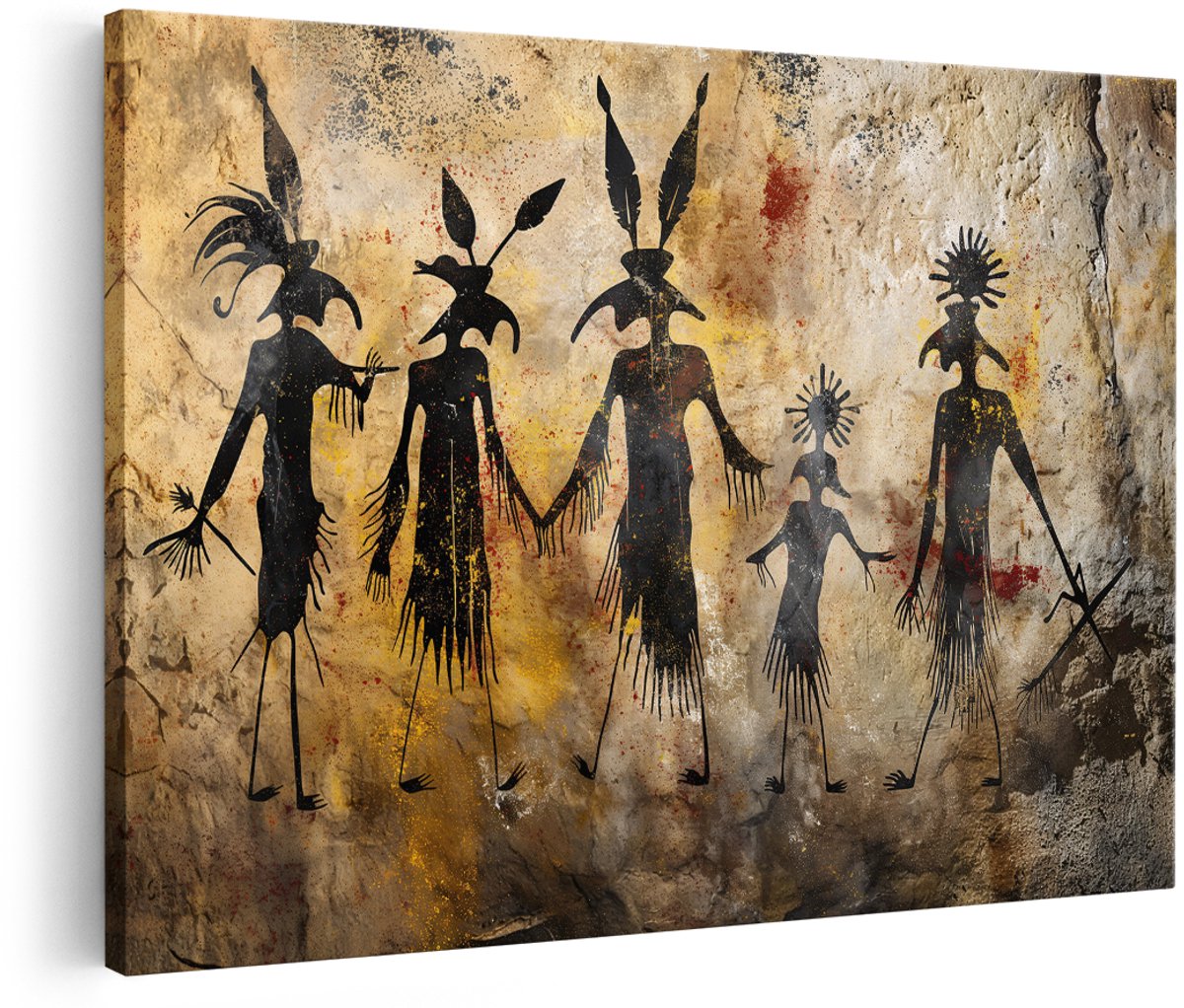 Artaza Canvas Schilderij Rotstekeningen - 180x120 cm - Groot - Wanddecoratie Sjamanen - Muurdecoratie Grot - Decoratie Oerkunst Tribal