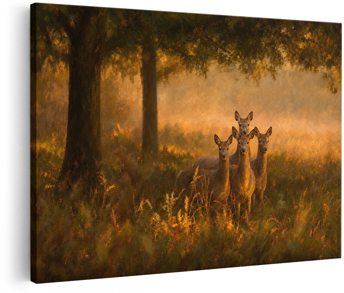Artaza Canvas Schilderij Herten In Herfstbos - Zonsondergang Natuur - 180x120 cm - Groot - Wanddecoratie Woonkamer - Schilderijen - Muurdecoratie