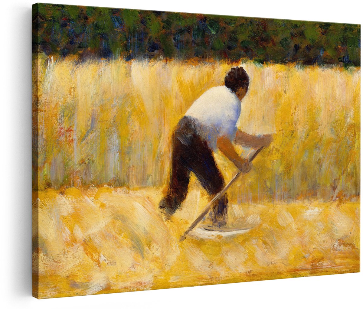 Artaza Canvas Schilderij Boer Met Zeis - 180x120 cm - Groot - Wanddecoratie Klassiek Schilderij - Muurdecoratie Landschap - Decoratie Graanveld Seurat