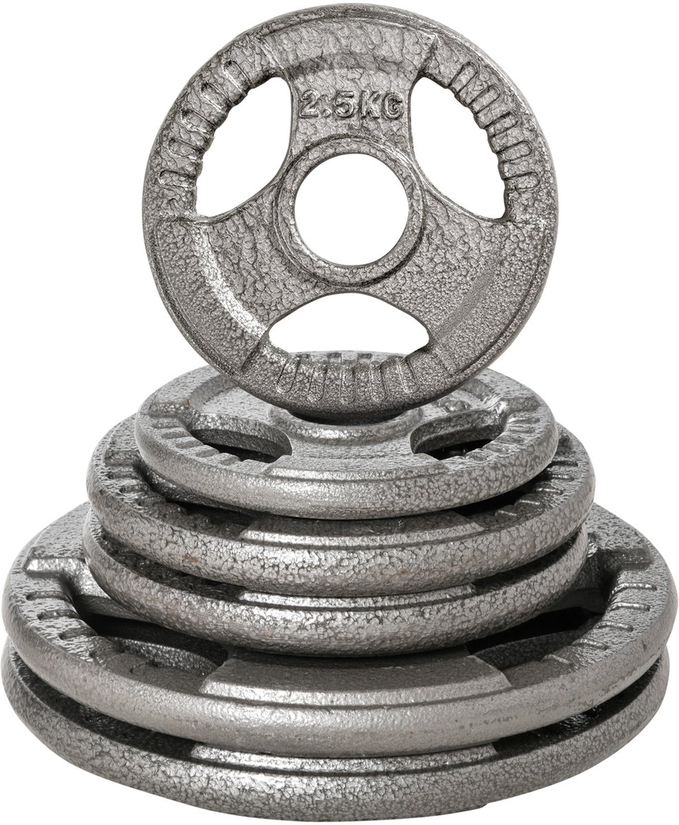 Set van 6 stalen gewichtsschijven, totaal 35 kg: 2x10 kg, 2x5 kg, 2x2,5 kg. Olympische schijven met een middengat van Ø54 mm voor thuistraining. Zilverkleurig.
