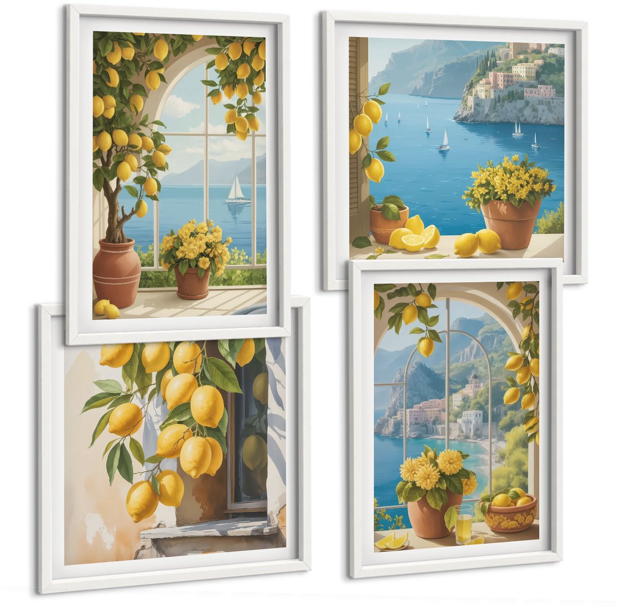 Wallfluent 4-Delige Schilderij Set - Zeegezichten Met Italiaanse Citroenen In De Ramen. - 40 x 40 En 40 x 60 - Moderne Wanddecoratie - Slaapkamer