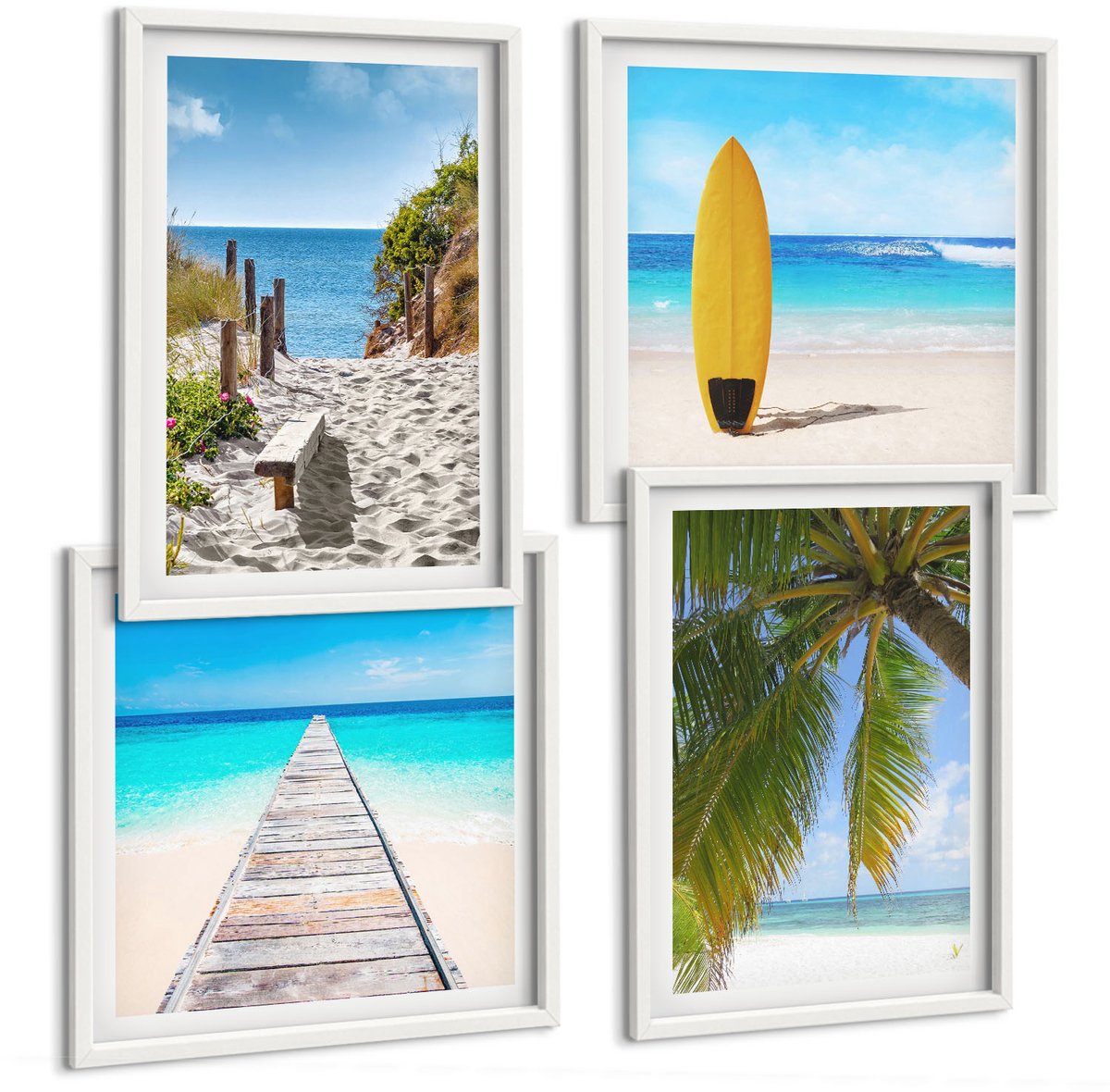 Wallfluent 4-Delige Schilderij Set - Vakantiegezichten, Strandgolven En Palmbomen In De Tropen - 40 x 40 En 40 x 60 - Decoratieve Muurdecoratie - Slaapkamer - Wanddecoratie