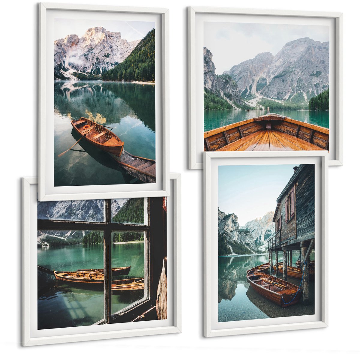 Wallfluent 4-Delige Schilderij Set - Uitzicht Op Een Bergmeer Met Boten En Een Huis Aan Het Water. - 40 x 40 En 40 x 60 - Wanddecoratie - Woonkamer Decoratie - Decoratieve Schilderijen