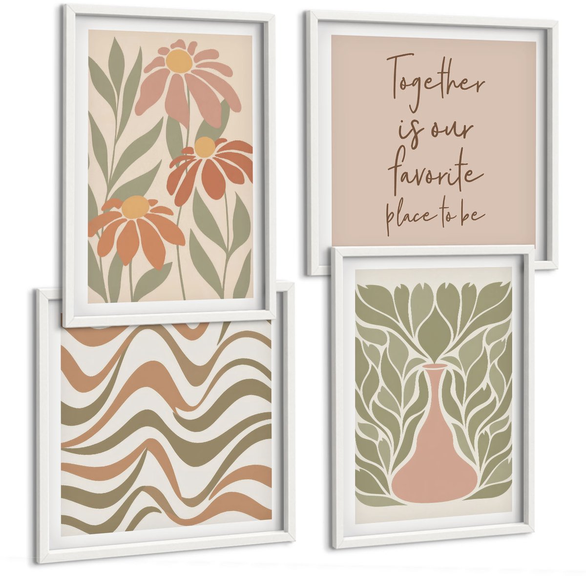 Wallfluent 4-Delige Schilderij Set - Pastelkleurige Bloemenillustraties Abstracte Belettering - 40 x 40 En 40 x 60 - Stijlvolle Muurdecoratie - Kantoor