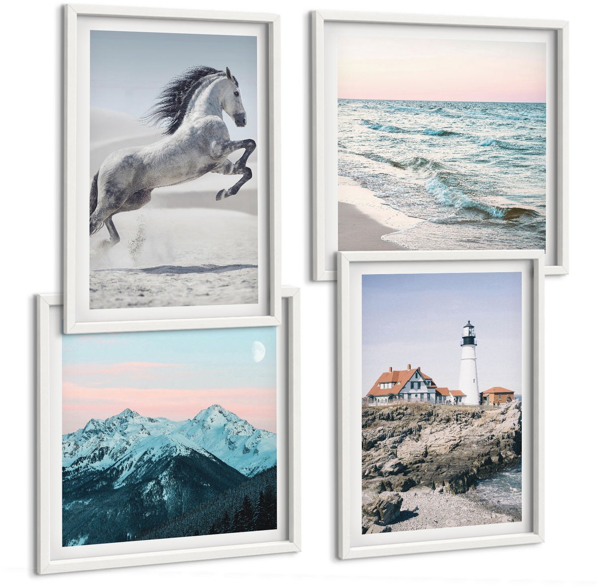 Wallfluent 4-Delige Schilderij Set - Paarden In Beweging Strand En Vuurtorenbergen - 40 x 40 En 40 x 60 - Muurdecoratie - Wanddecoratie - Slaapkamer - Stijlvolle Muurdecoratie