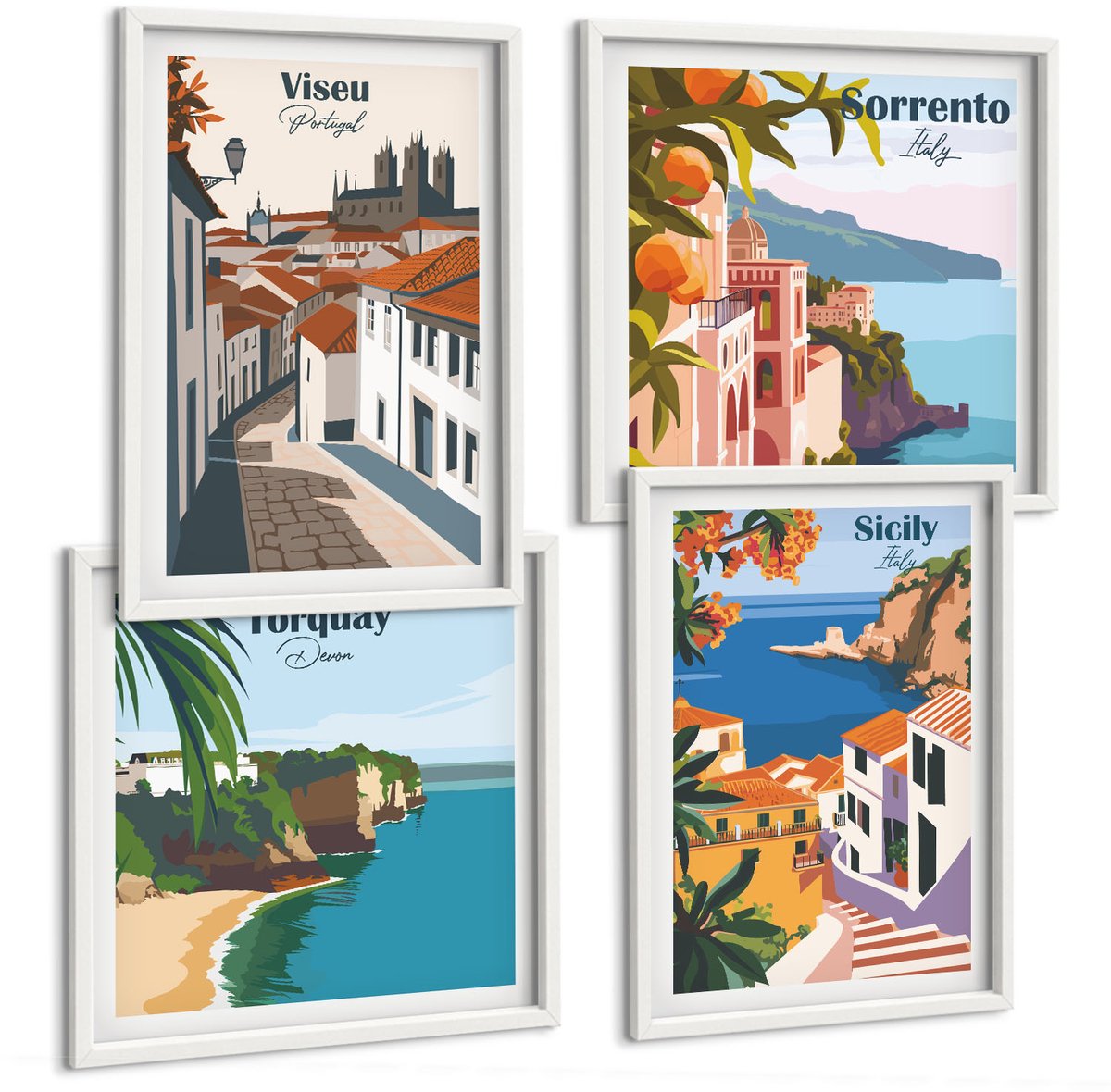 Wallfluent 4-Delige Schilderij Set - Retro-Illustraties Van Beroemde Steden Over De Hele Wereld - 40 x 40 En 40 x 60 - Muurdecoratie - Decoratieve Schilderijen - Wohnzimmer - Wanddecoratie