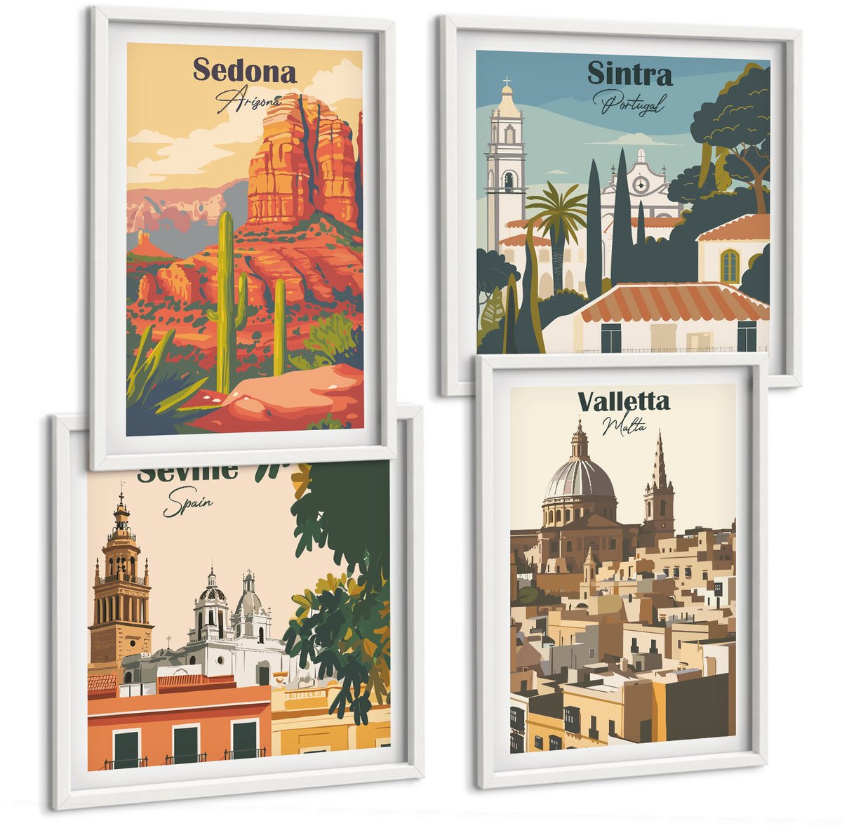 Wallfluent 4-Delige Schilderij Set - Retro-Stijl Stadsgezichten Sedona Sintra Sevilla Valletta - 40 x 40 En 40 x 60 - Decoratieve Schilderijen - Wanddecoratie - Hal