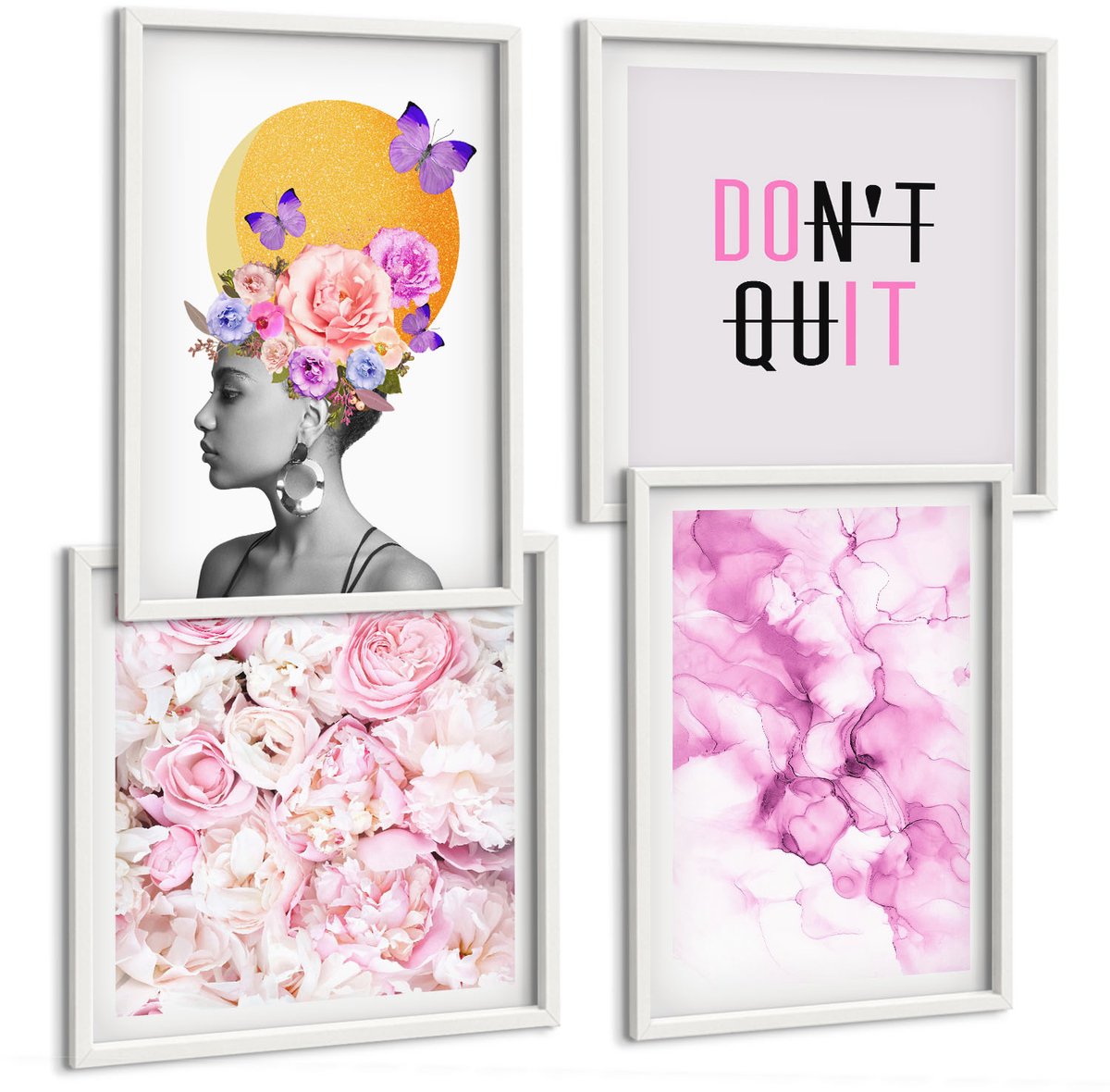 Wallfluent 4-Delige Schilderij Set - Inspirerende Inscriptie, Bloemen, Abstract Portret Van Een Vrouw - 40 x 40 En 40 x 60 - Muurdecoratie - Wanddecoratie - Hal - Interieur Decoratie