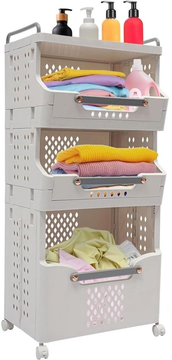 Opvouwbare Wasmand met Wielen en Grote Inhoud - Keuze uit 2, 3 of 4 Sorteerlagen