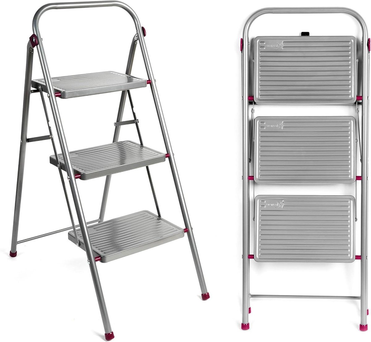 Opstapkrukje met 3 treden - Vouwkrukje trapje - Hoge objecten bereiken - Veiligheidsclip - 105 cm hoog - Roze/Grijs