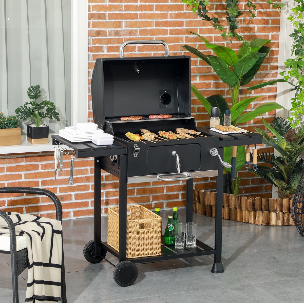COVREO Houtskoolbarbecue met deksel 120x64x114 cm zwart roestvrij staal - twee grillroosters