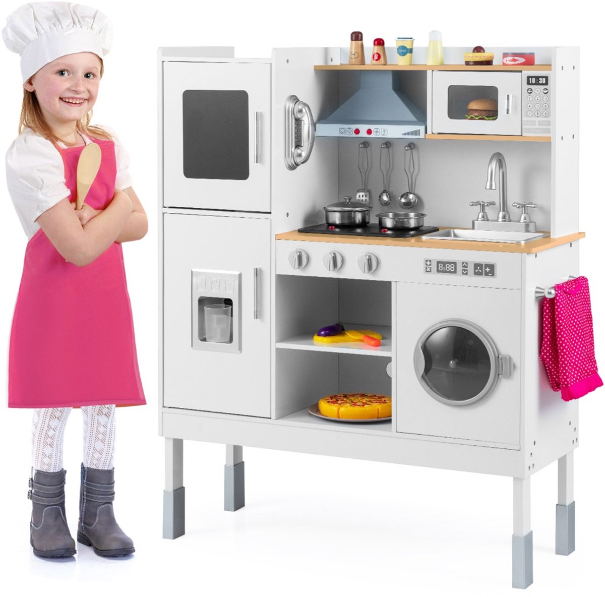SureDeal® - Rollenspell - Kookset - Kinderen Keukenspeelgoed - Afzuigkap Ijsblokjesmachine - Telefoon Houten Keuken - 83x29x103 cm - Naturel