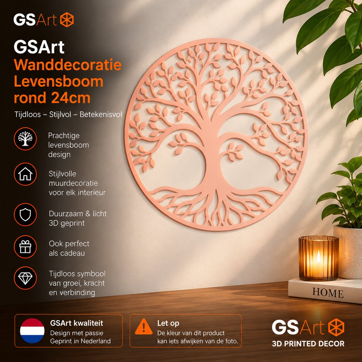 GSArt Wanddecoratie Levensboom Rond 24 cm – Muurdecoratie Tree of Life – 3D Geprint - Zijde Roze