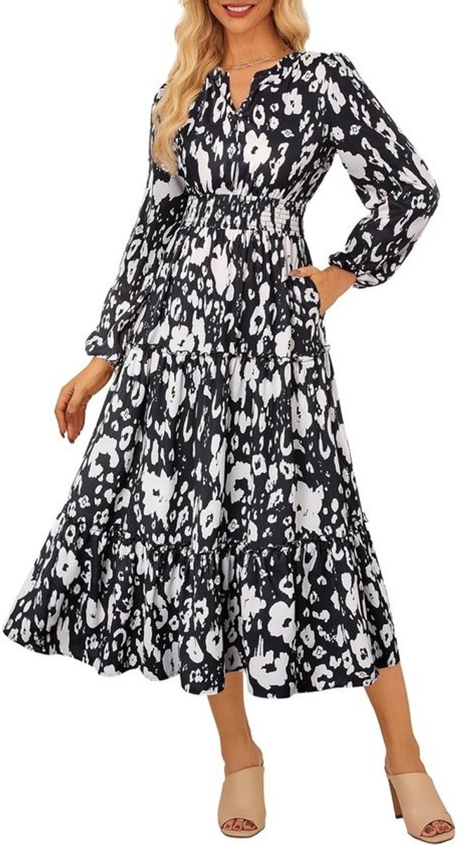 Elegante maxi-jurk voor dames met lange mouwen en V-hals – Bloemen A-lijnjurk met gesmokte taille