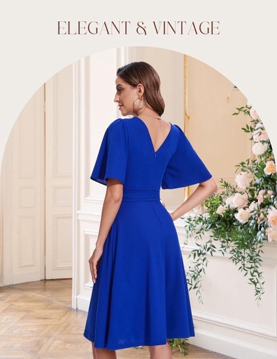 Elegante Midi Avondjurk Dames - Cocktailjurk met Korte Mouwen en Riem voor Bruiloft of Feest