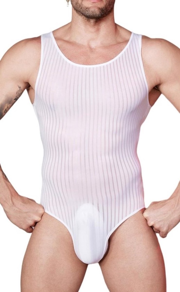 Mannen Body String Transparant Streep Mouwloos Kleding Stretch Onderhemd