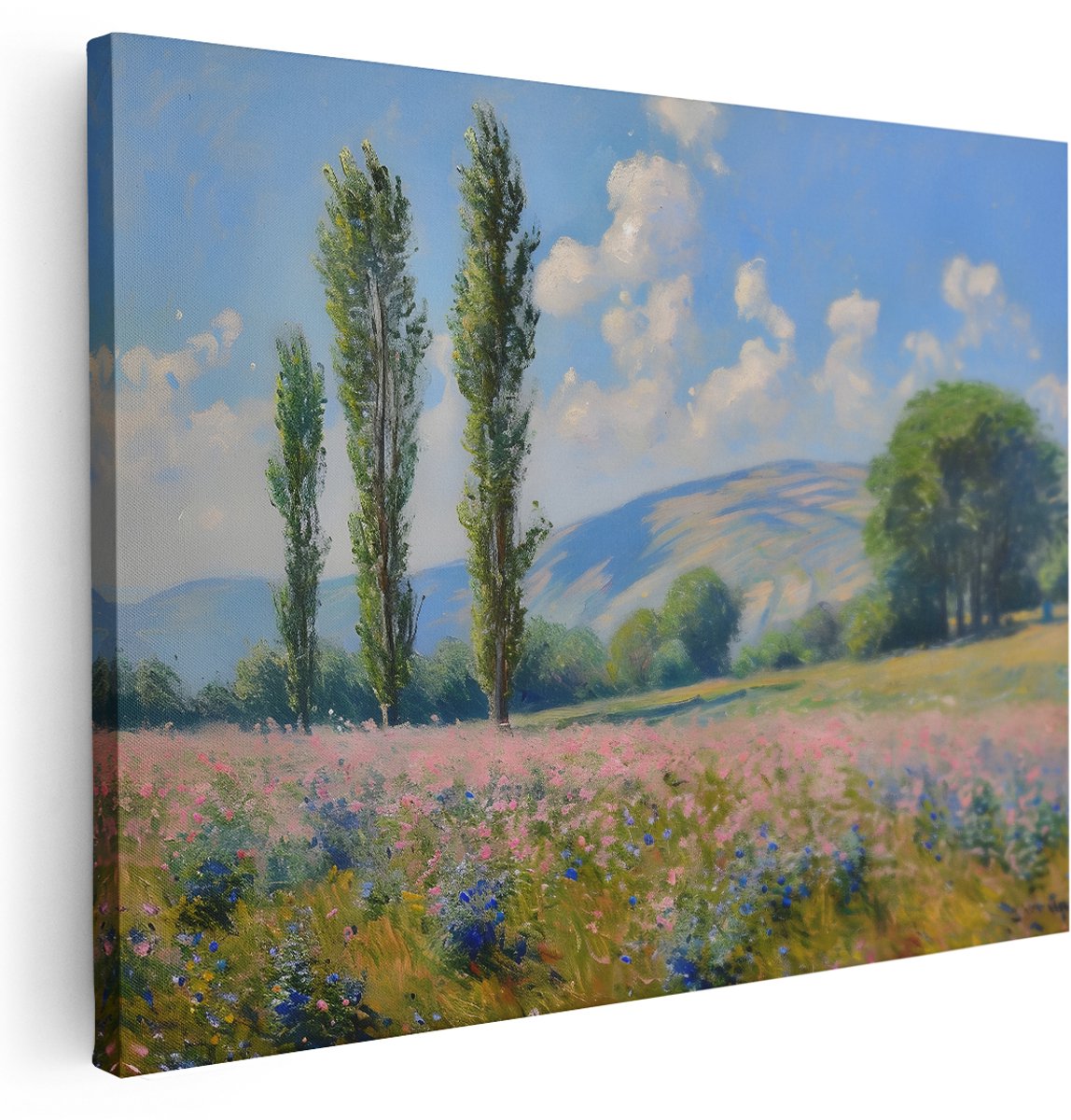 Artaza Canvas Schilderij Landschap - 160x120 cm - Groot - Wanddecoratie Bloemenweide Impressionisme - Muurdecoratie Natuur Heuvels - Schilderijen Op Canvas