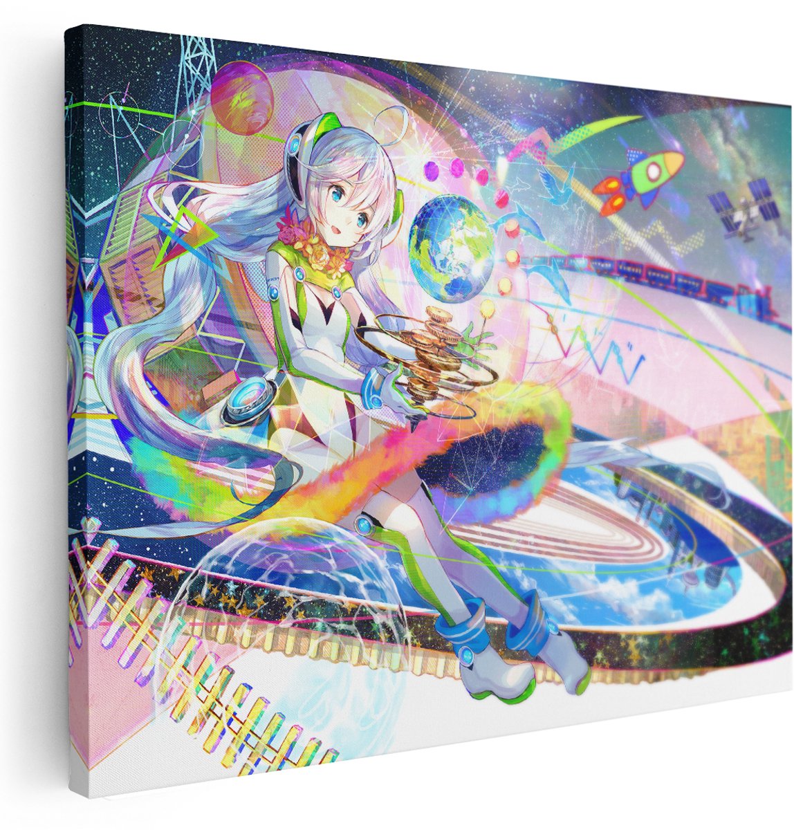 Artaza Canvas Schilderij Anime - 160x120 cm - Groot - Wanddecoratie Futuristisch - Muurdecoratie Raket - Decoratie Kamer Meisje - Kleurrijk