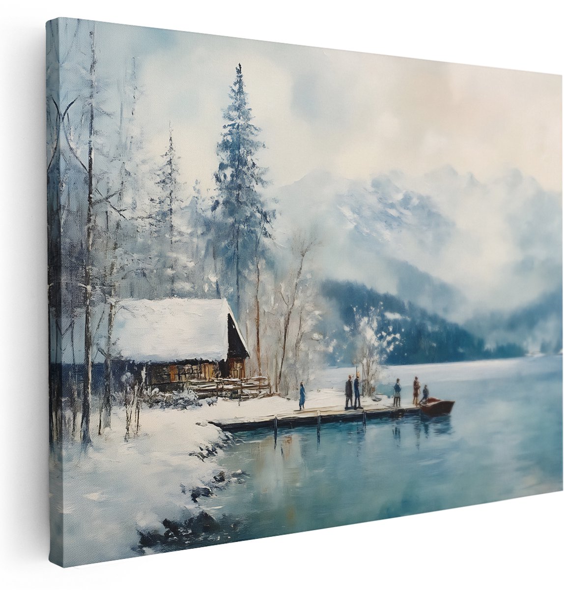 Artaza Canvas Schilderij Berglandschap - 160x120 cm - Groot - Wanddecoratie Winter Hut - Muurdecoratie Natuur - Kamer Accessoires Meer