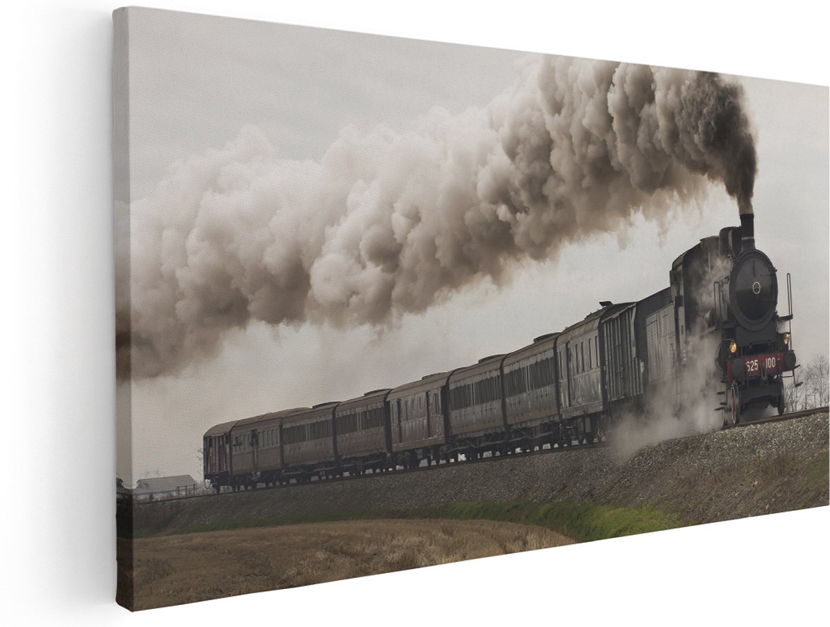 Artaza Canvas Schilderij Locomotief Trein met Rook Wolken - 180x90 cm - Groot - Wanddecoratie Woonkamer - Schilderijen - Muurdecoratie