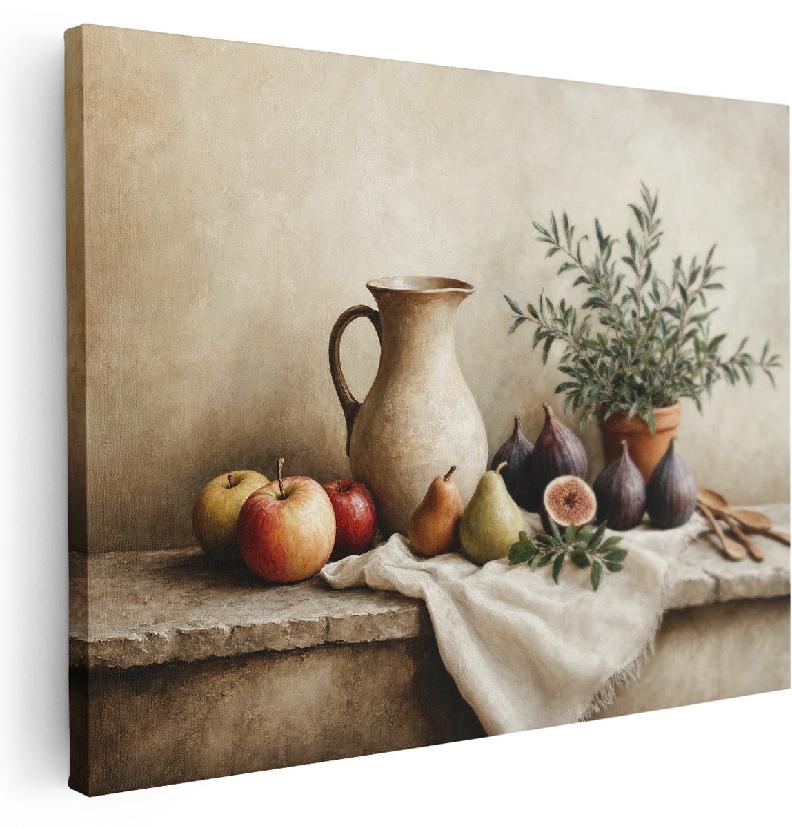 Artaza Canvas Schilderij Fruit Met Vijgen - Landelijke Stilleven Sfeer - 160x120 cm - Groot - Klein - Wanddecoratie Woonkamer - Schilderijen - Muurdecoratie