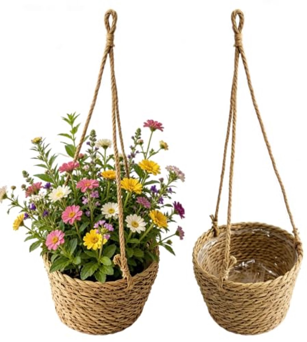 Bloempot - Hangmand - 2 stuks- Plantenmand - Gevlochten Hangende Plantenmand - Riethangmand met Plastic Binnenvoering - Woonkamer Balkon Tuin - 50 x 20 x 12 cm - Naturel