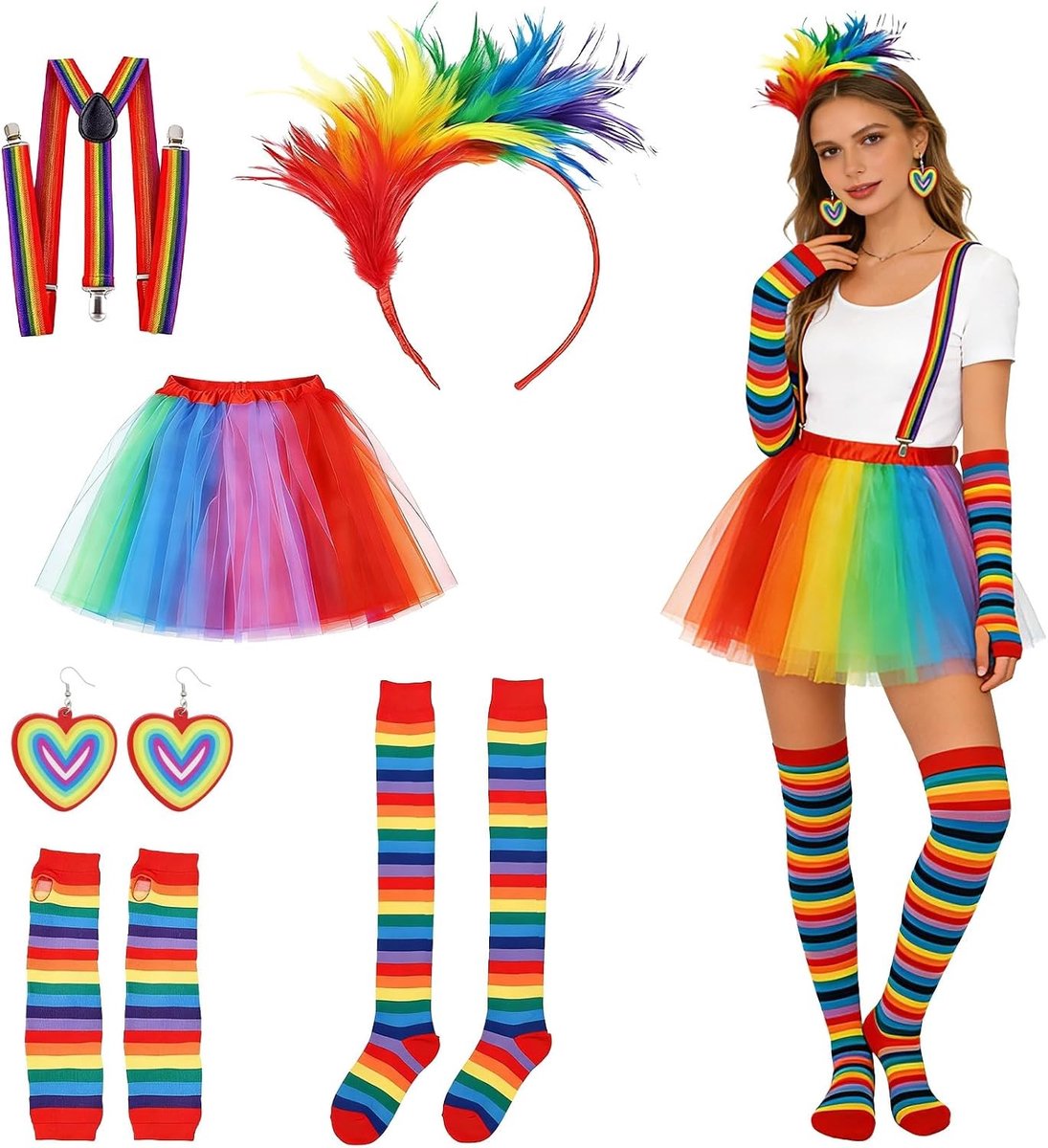 Kleurrijk Tulle Rok Kostuum voor Vrouwen met Vingerloze Handschoenen, Over-de-Knie Sokken en Oorbellen voor Themafeesten en Carnavalsoptredens