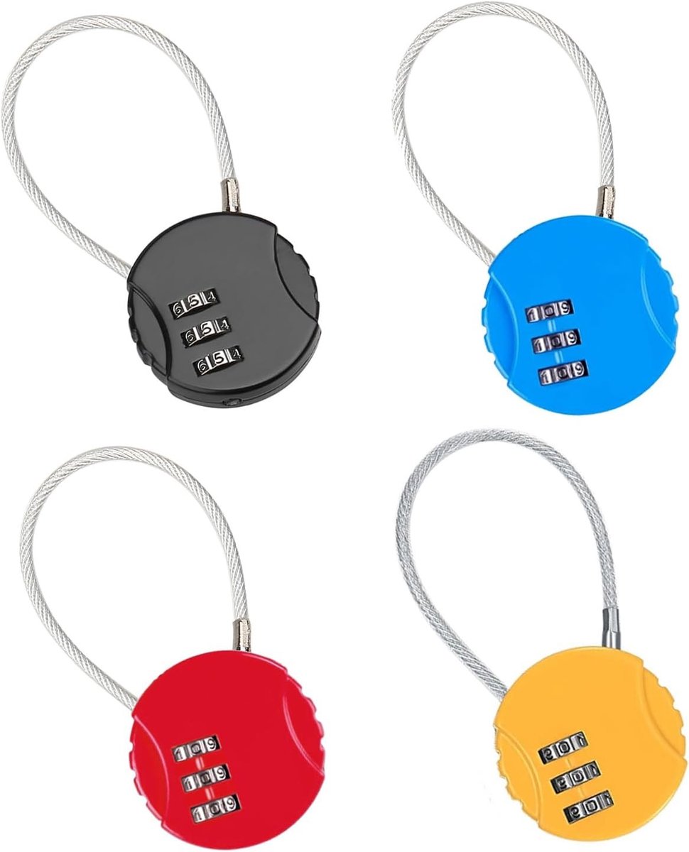 Veiligheidsloten voor Koffers - 4 Stuks Resetbare Combinatiesloten met 3 Cijfers en Kabel voor Gym, Koffer en Kast