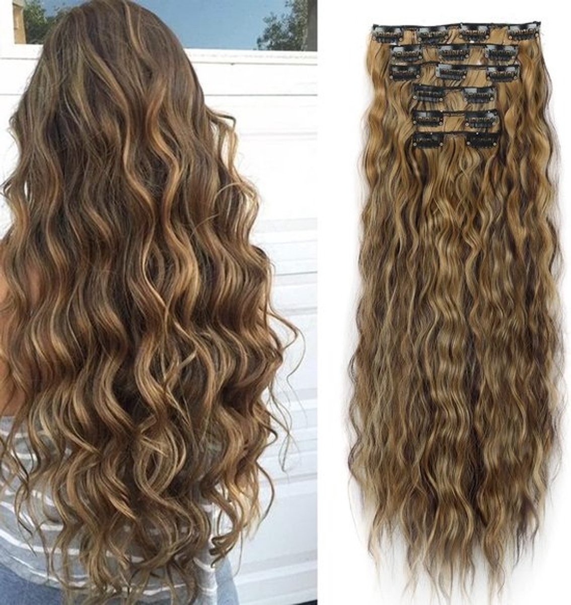 Golvend Haar Clip In Extensions - 6 PCS 50cm Krullend Synthetisch Haar voor Vrouwen