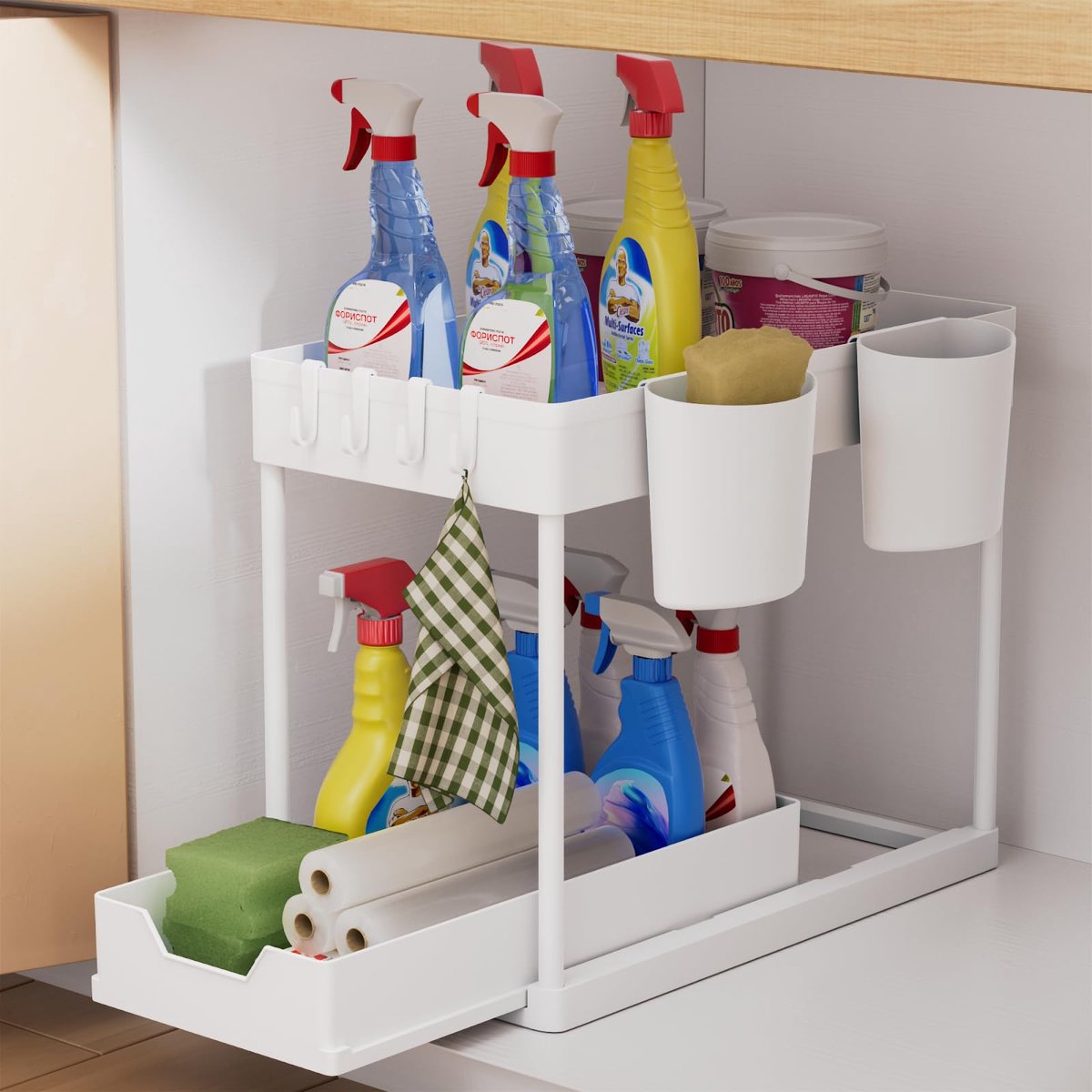 Ondergootsteen Organizer - 2 Etages, met Haken en Beker, Kruidenrek - Voor Keuken en Badkamer - Wit
