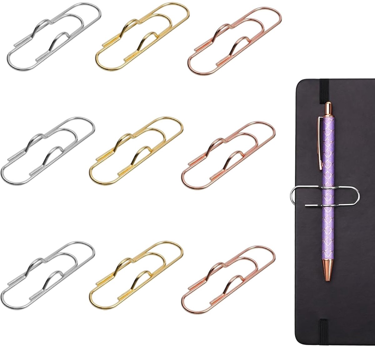 Metalen Pennenclip - Ook te gebruiken als papercliphouder - Voor boeken, notitieboeken, agenda's en kalenders - 9 stuks - 3 kleuren