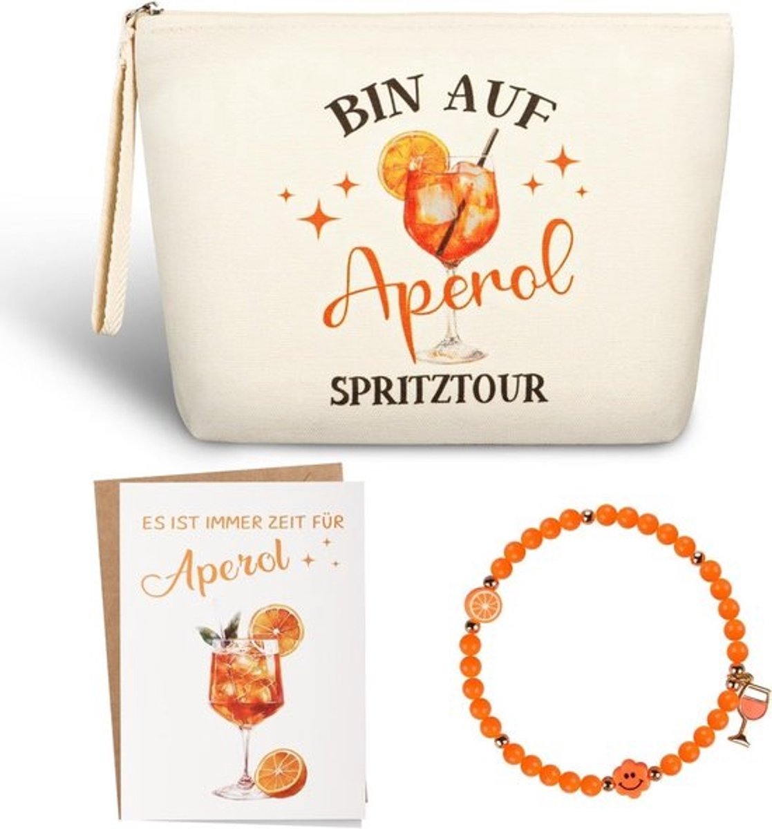 Aperol Gift Set met Cosmetica Tas, Armband en Groetkaart - Draagbare Toilettas en Reismake-up Tas voor Aperol Liefhebbers