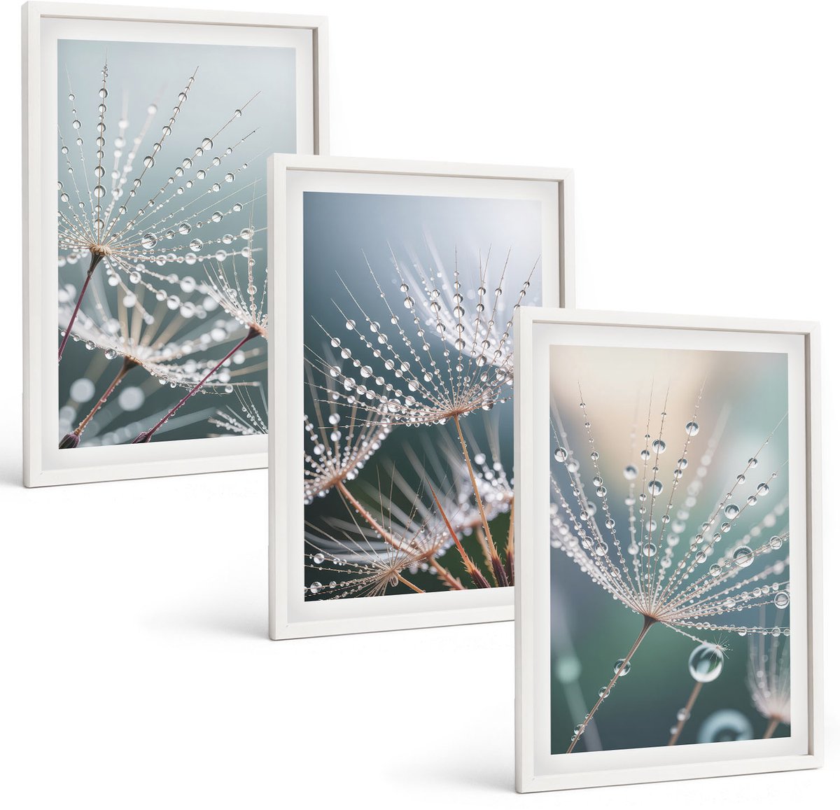 Wallfluent 3-Delige Schilderij Set - Waterdruppels Op De Tere Scheuten Van Paardenbloemen - 40 x 60 - Muurdecoratie - Schilderijen Set - Woonkamer - Interieur Decoratie