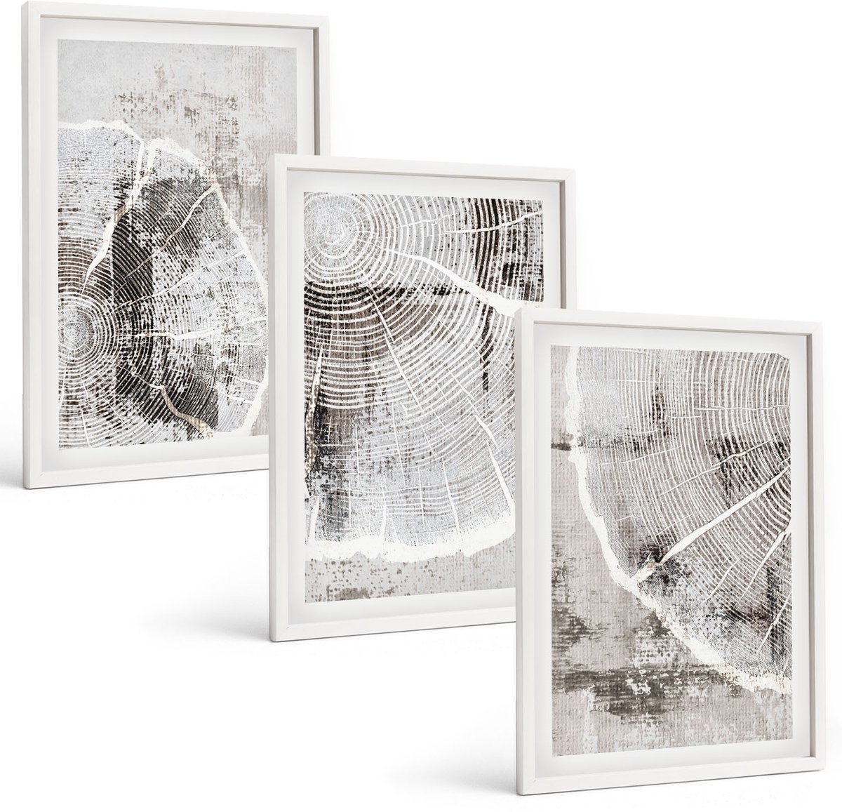 Wallfluent 3-Delige Schilderij Set - Houtnerfpatronen In Grijstinten En Wit - 40 x 60 - Muurdecoratie - Decoratieve Schilderijen - Wohnzimmer - Interieur Decoratie