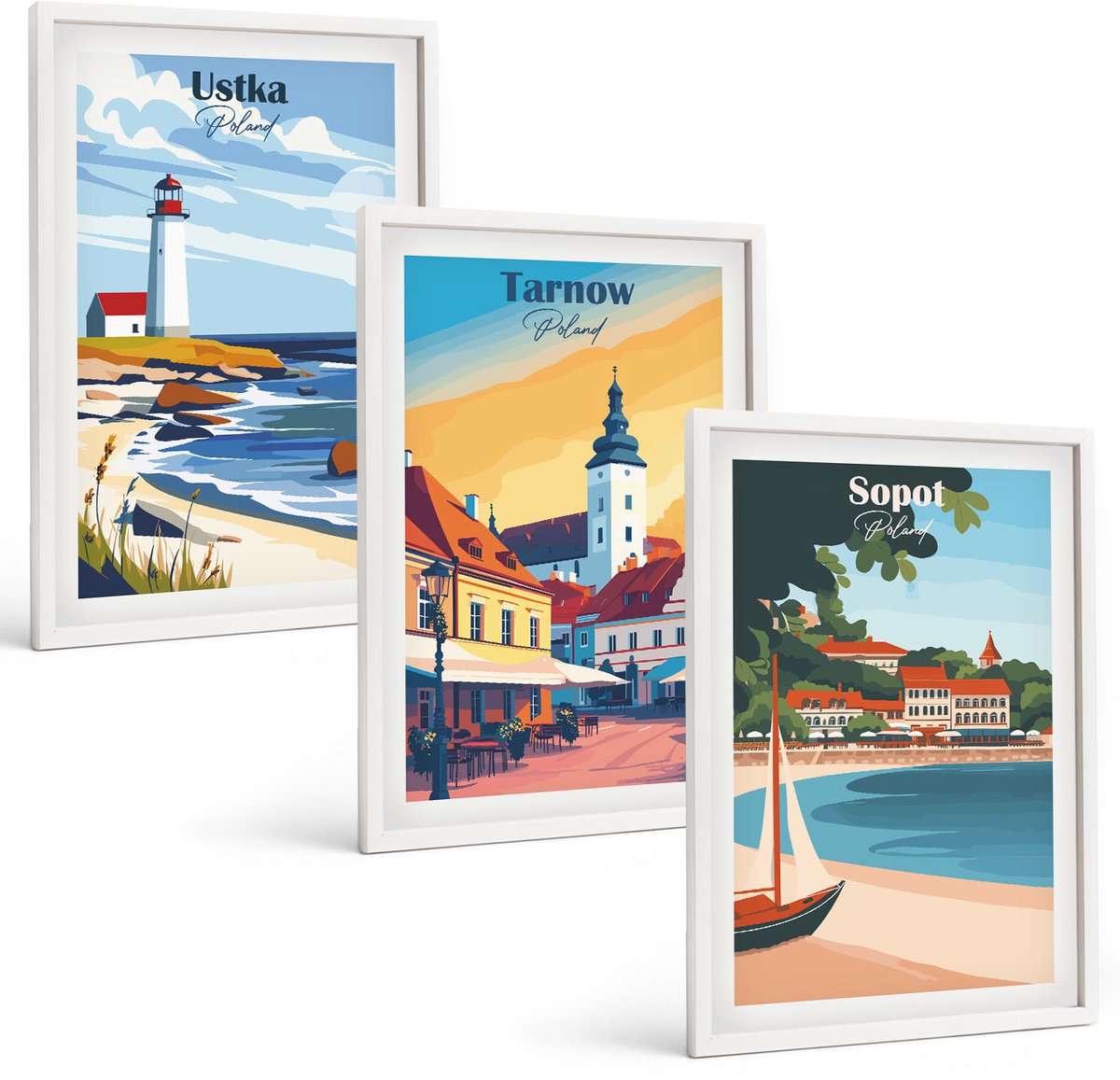 Wallfluent 3-Delige Schilderij Set - Uitzicht Op De Poolse Steden Ustka Tarnów Sopot - 40 x 60 - Decoratieve Schilderijen - Woonkamer - Interieur - Muurdecoratie