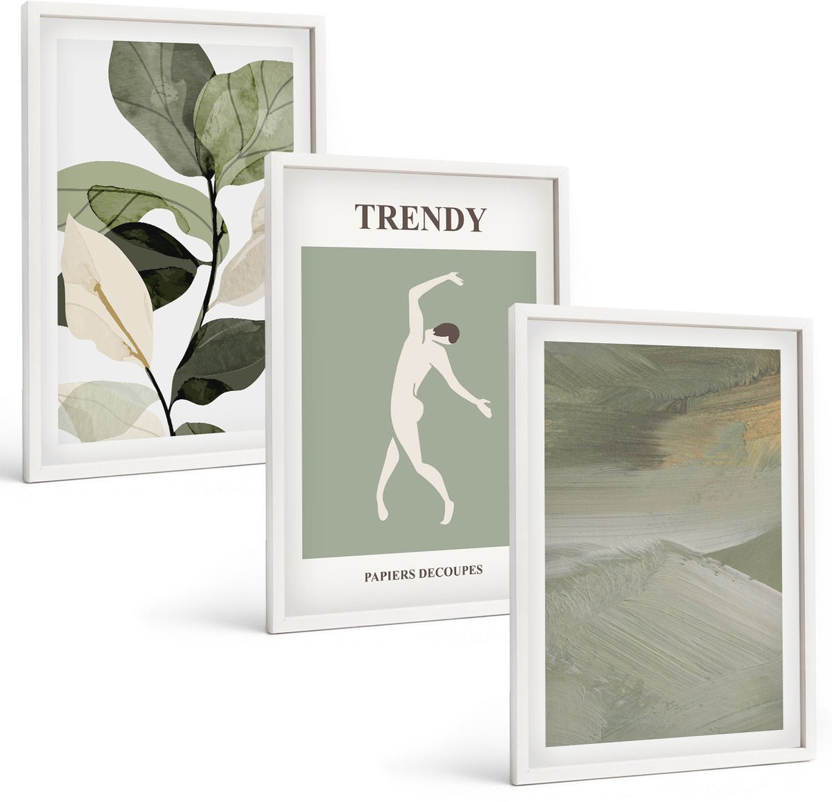 Wallfluent 3-Delige Schilderij Set - Plantenpatronen Met Silhouetten En Abstracte Vormen - 40 x 60 - Muurdecoratie - Interieur Decoratie - Woonkamer Decoratie
