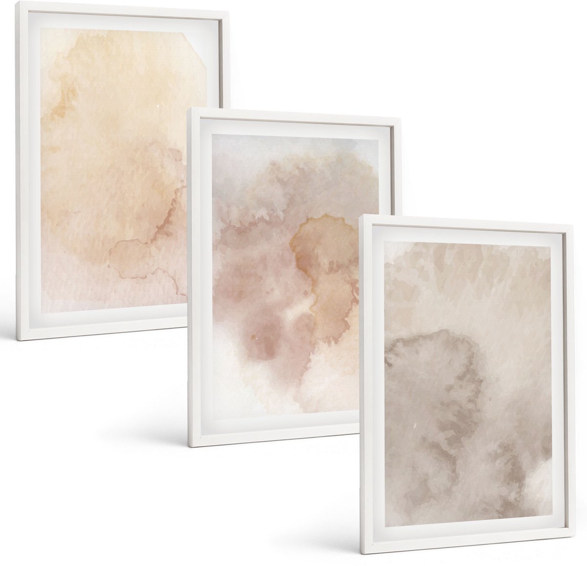 Wallfluent 3-Delige Schilderij Set - Warme Aquarelverf Op Canvas, Pasteltexturen - 40 x 60 - Moderne Wanddecoratie - Slaapkamer - Muurdecoratie