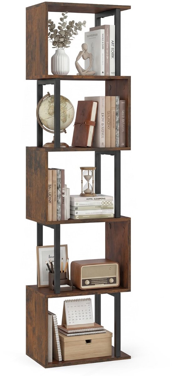 SureDeal® - Opbergrek - Boekenrek - Verdiepingen Geometrisch Staand - Metalen Vrijstaand Opslagrek - 38x23x147 cm - Koffiebruin