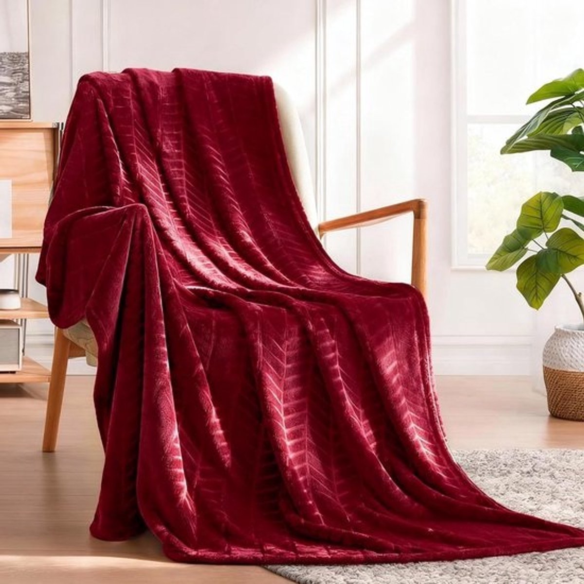 Zachte Flanellen Fleece Plaid in Bordeaux met Chevronpatroon voor Bank en Bed