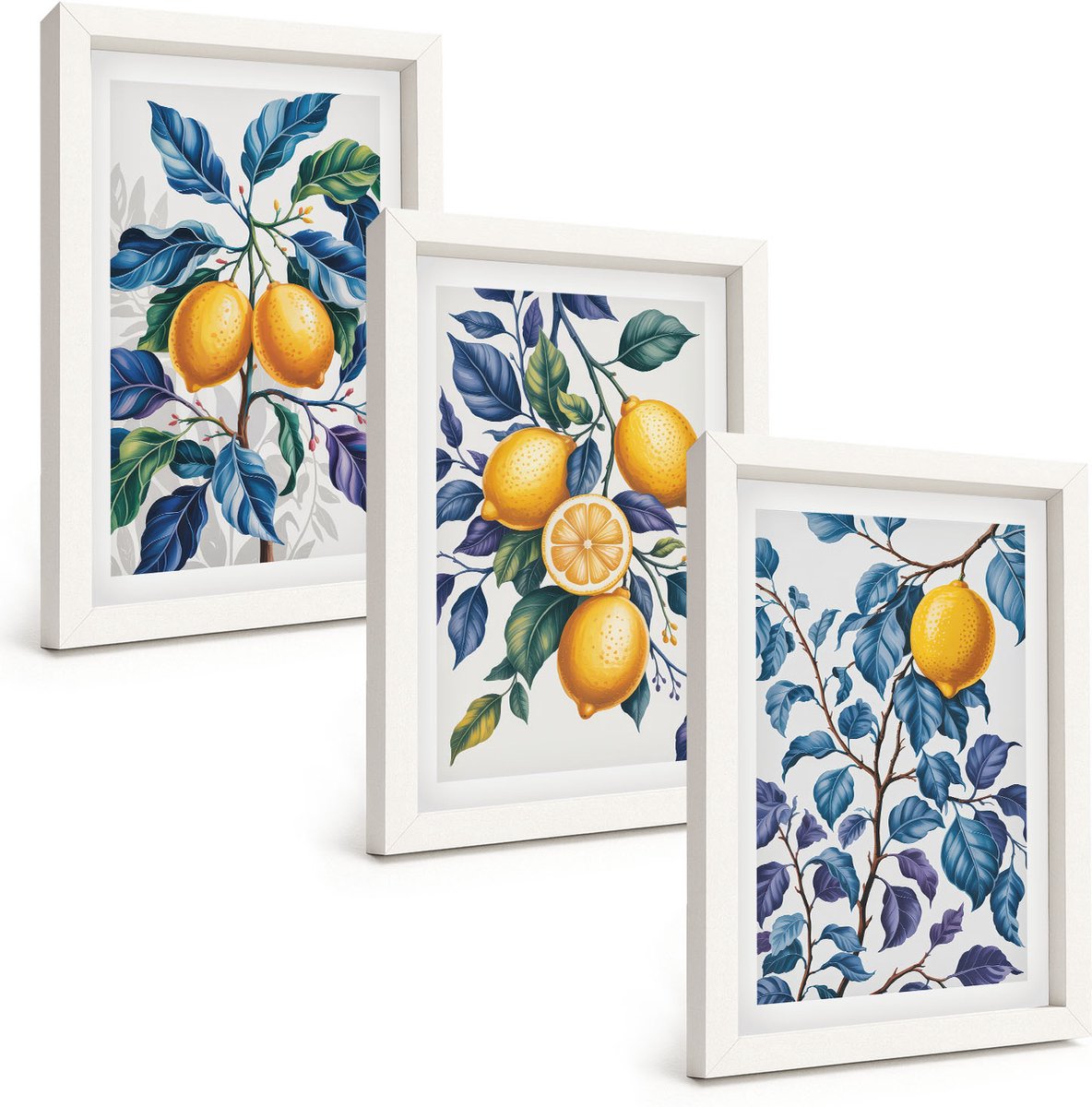 Wallfluent 3-Delige Schilderij Set - Citroenen Aan Takken Met Blauwe Bladeren - 20 x 30 - Decoratieve Schilderijen - Woonkamer - Interieur - Stijlvolle Muurdecoratie